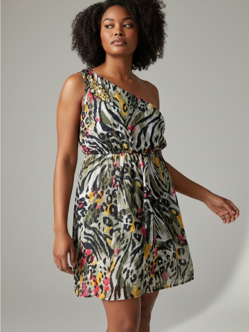 Xhilaration One-Shoulder Animal Print Dress in Olive, Black, Yellow & Pink